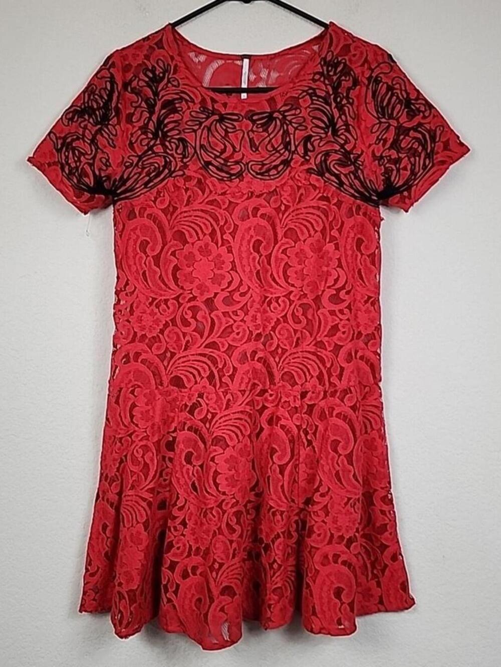 Free People Red Lace Embroidered Small Mini Dress